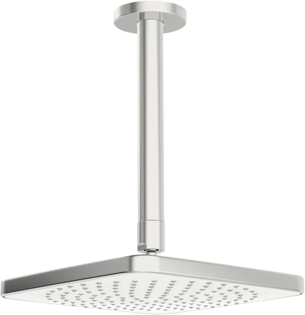 Deckenmontierte Kopfbrause aus Chrom von HANSA mit quadratischem Duschkopf und zentraler Wasseröffnung, hängend an einem glatten, vertikalen Rohr.